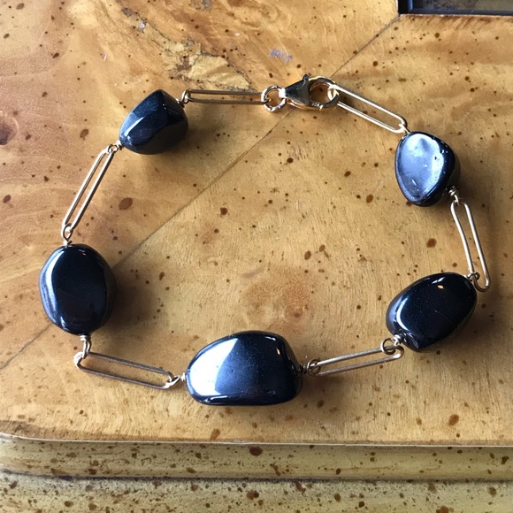 Natural Shungite Sterling Silver Yellow Gold Vermeil Bracelet - Picture 1 of 6